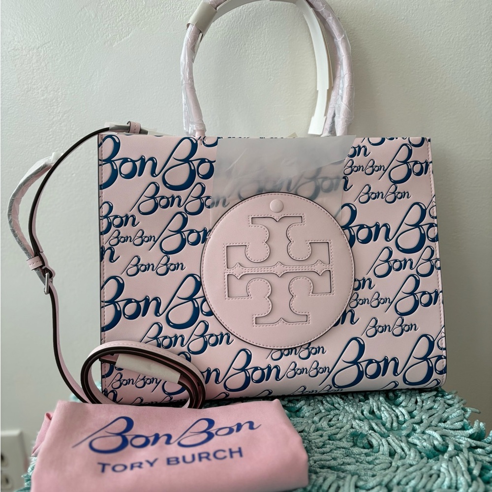 Authentic Ella Bio Small Tory Burch Pink and Blue Tote Bag